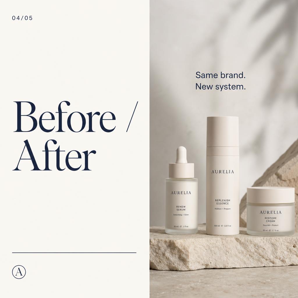 Before and after carousel slide for a skincare brand rebrand