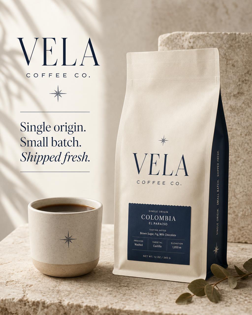 Product ad creative designed for Vela Coffee Co.
